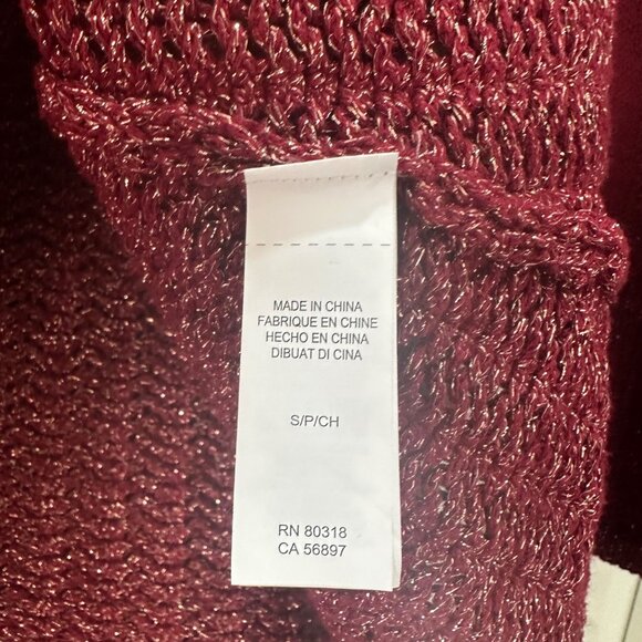 ✨Lucky Brand Sz S Women's Sweater Metallic Swing Open Weave Red gold Burgundy - Picture 5 of 6